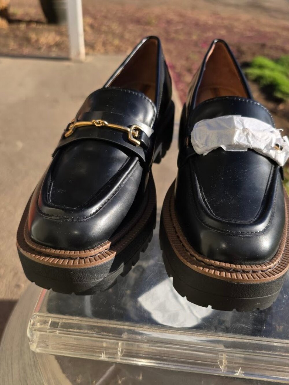 Sam Edelman Laurs Lug Sole Loafers Womens 6.5 Black Gold Horsebit Platform NWOB